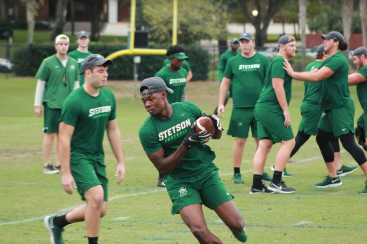 The 2019 Hatters football team conducts a drill during a season practice.
