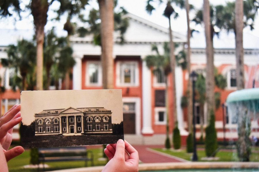 Photo of Sampson Hall when it first opened in 1908 in front of Sampson Hall today. Photo courtesy of Stetson Archives.