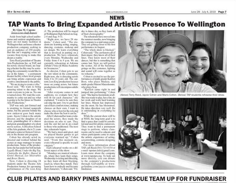 A newspaper article about TAP. Photo courtesy of Jaycie Cohen.
