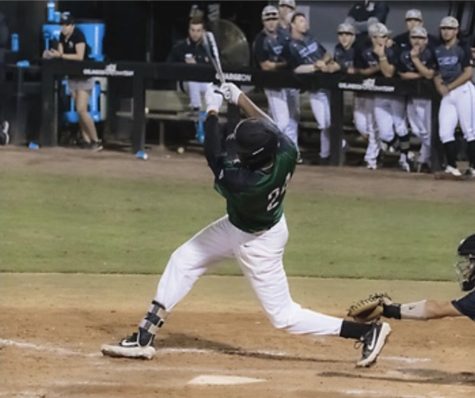 Brandon Hylton 24 swinging at one of his view at bats from the 2018 season. Photo courtesy of Stetson University Athletics.